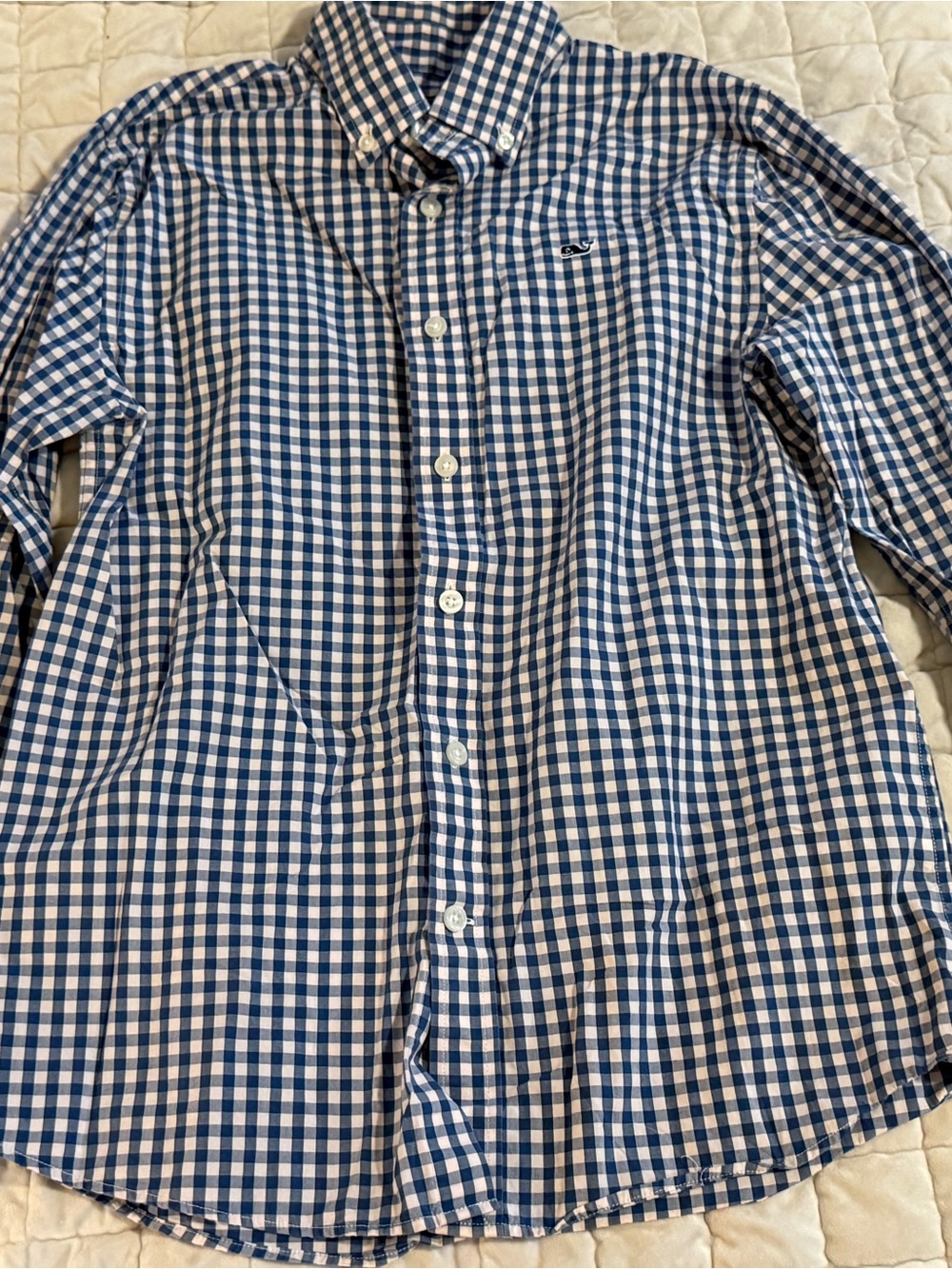 Vineyard Vines Blue and White Gingham Button-Down with Pink Whale Logo